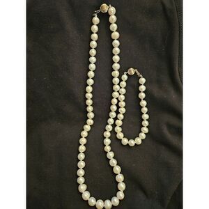 Vtg Estate 925 Silver Clasp‎ Cultured Ringed Pearl Necklace Bracelet Set 18" 8"